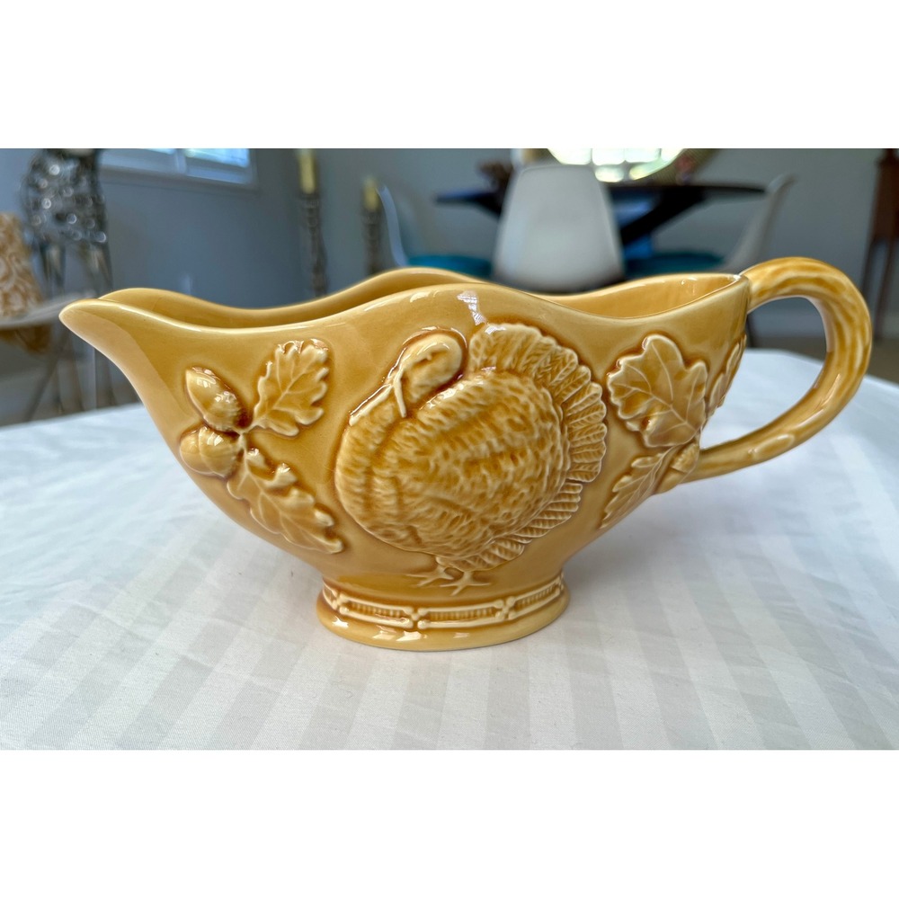 Bordallo Pinheiro Turkey Gravy Boat Amber Glaze Ceramic Sauce Pitcher Portugal